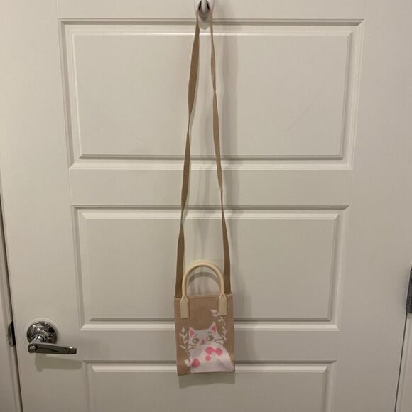 Knitted Mini Open Cross Body Bag/Phone Bag. Cat Design. Tan Multi. - Picture 2 of 8